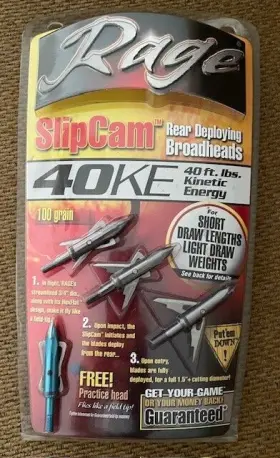 40ke Rage Pack Of 3 Slipcam Rear Deploying Broadheads 100 Grain